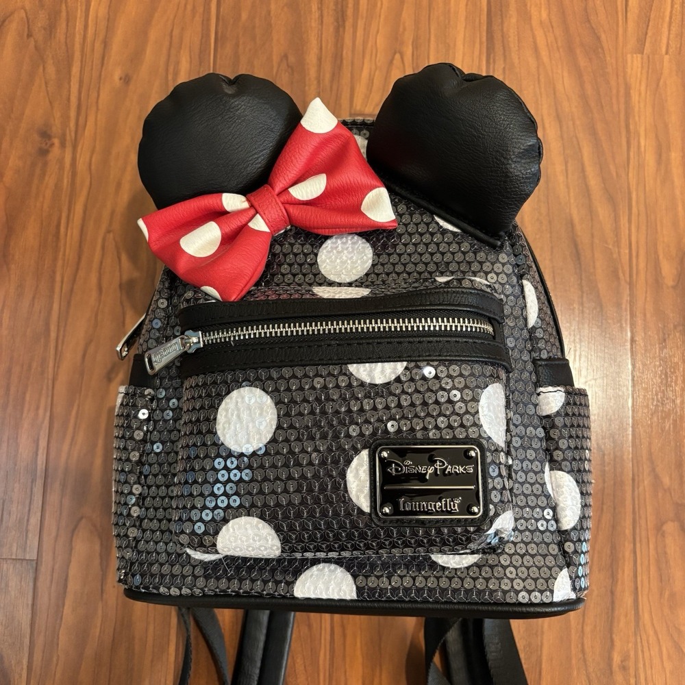 Loungefly Disney Parks Black Sequins Polka Dot Backpack Red Bow Minnie Mouse